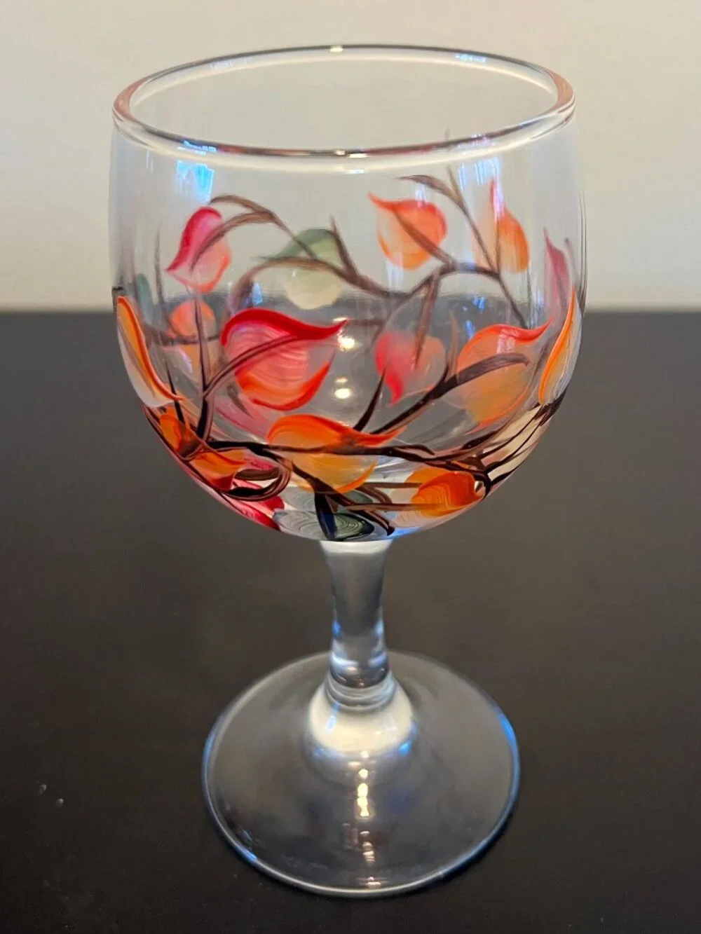 Vintage Hand Painted Autumn Leaves Wine Glasses Goblets Botanical Set of 4